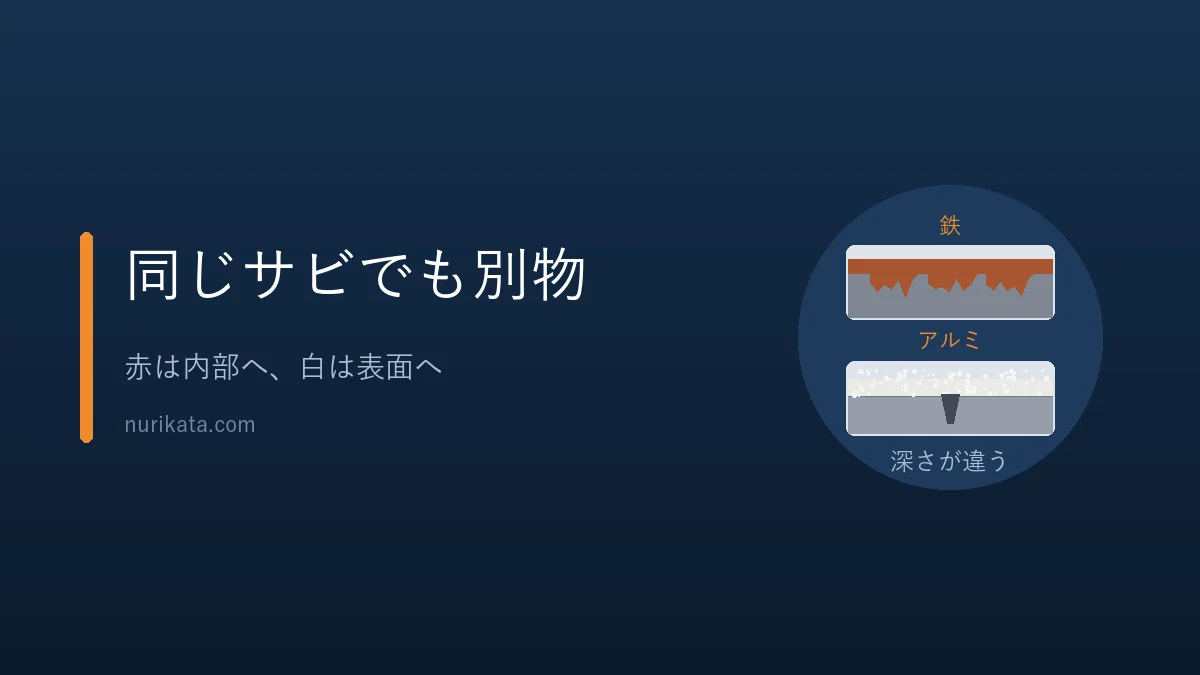 鉄の赤サビとアルミの白サビの進み方の違いを示すバナー