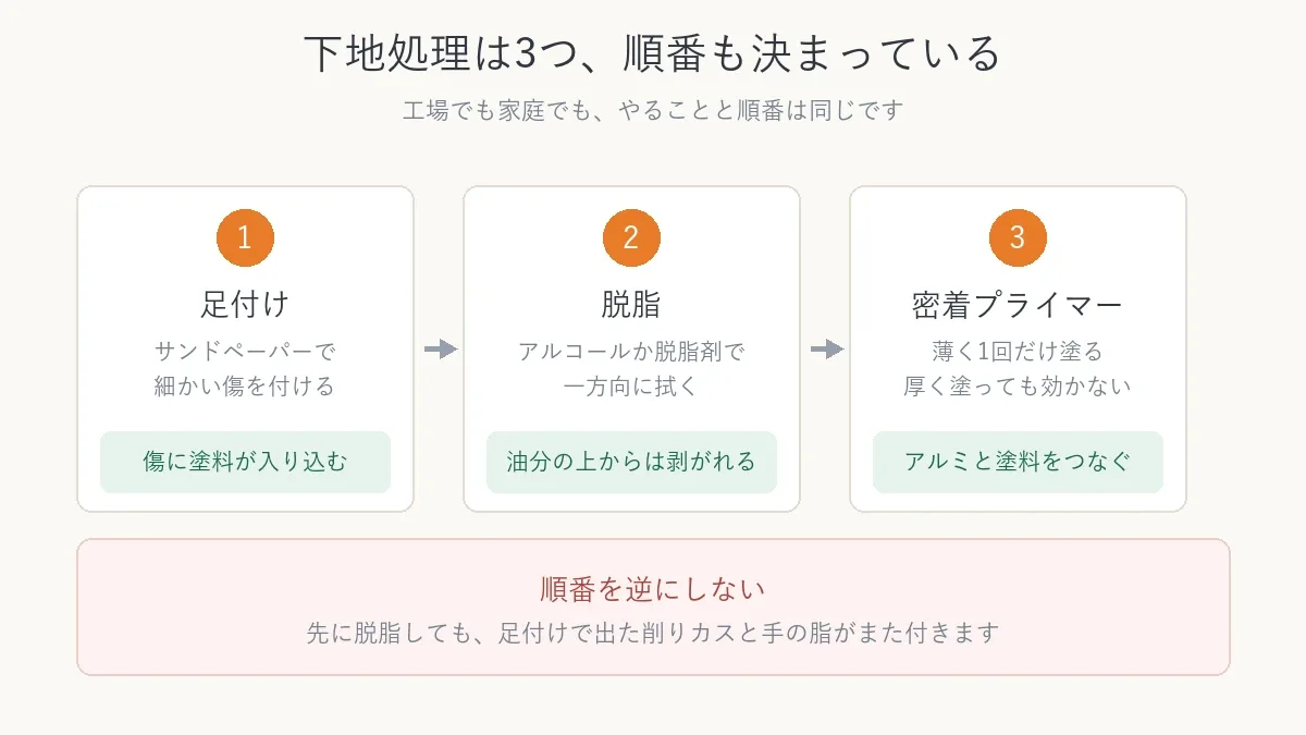 足付け、脱脂、密着プライマーの順番を示した図
