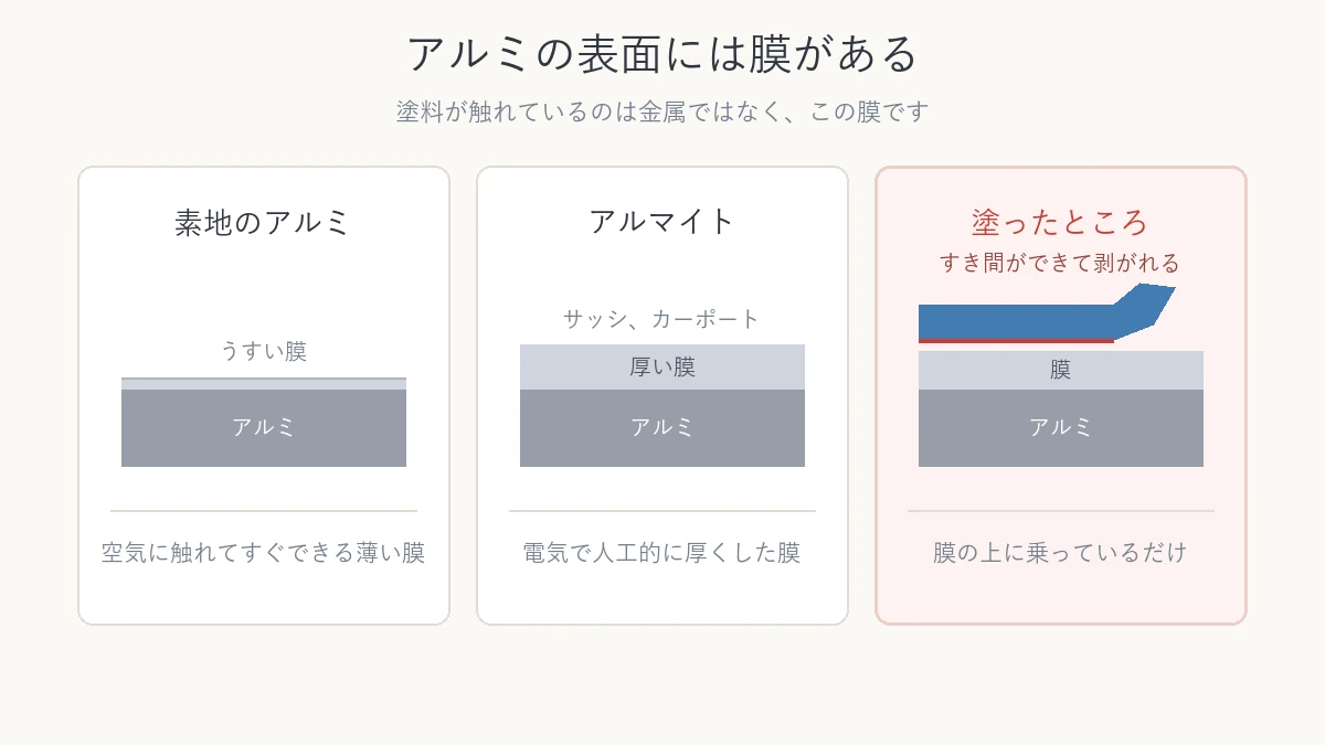 素地のアルミ、アルマイト、塗った状態の3つを断面で比べた図