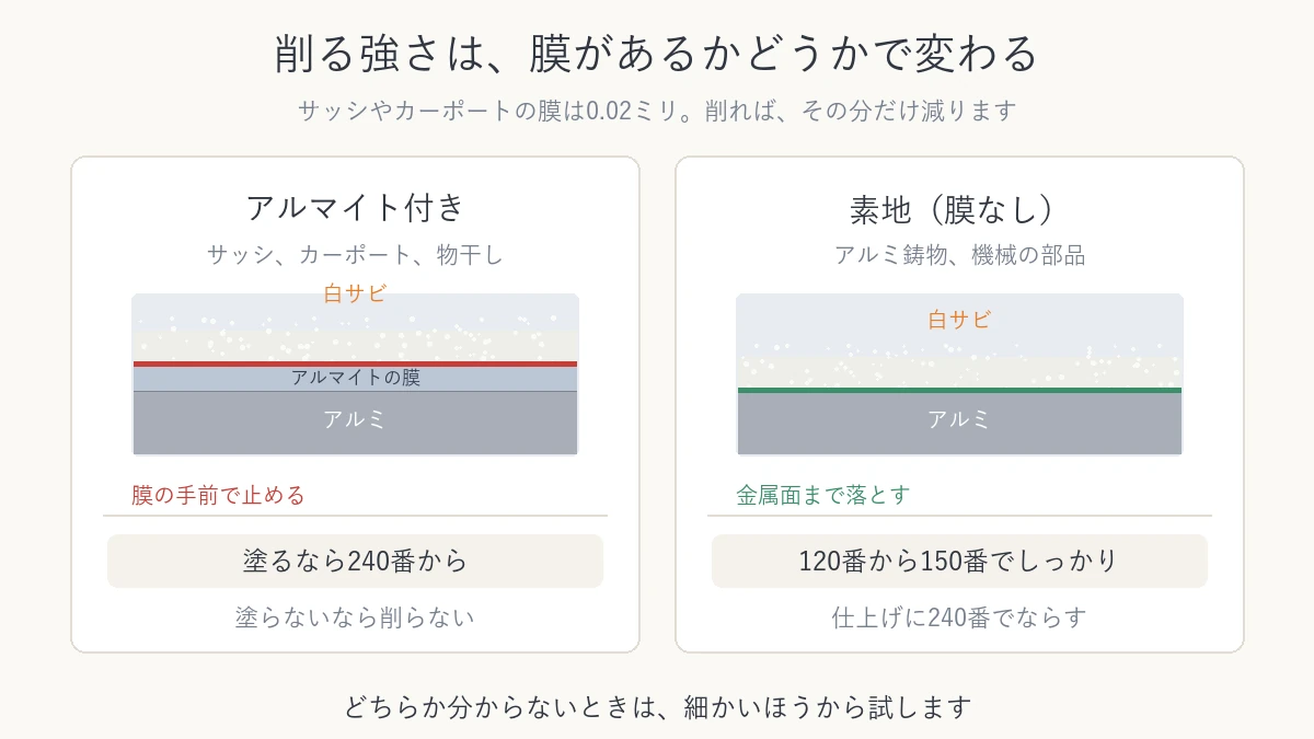 アルマイト付きと素地のアルミで削る深さが変わることを比べた図