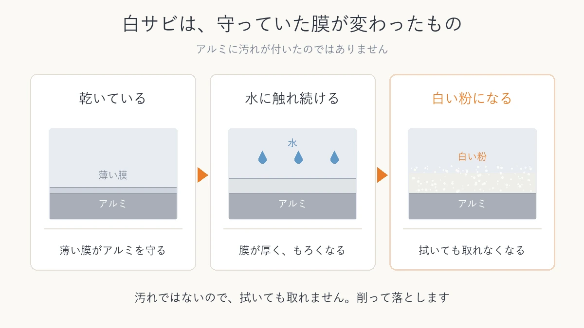 乾いた膜、水を含んで厚くなった膜、白い粉の3段階を並べた図