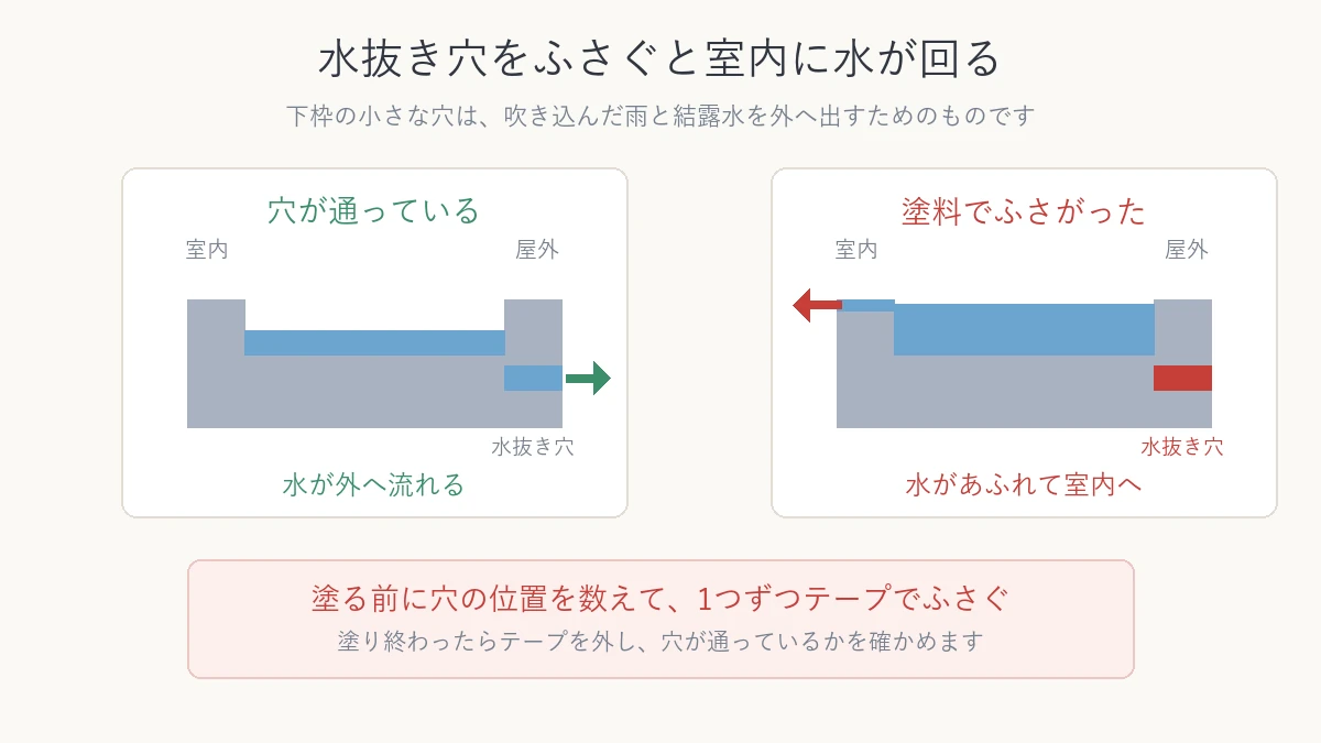 下枠の水抜き穴が通っている状態とふさがった状態を比べた断面図