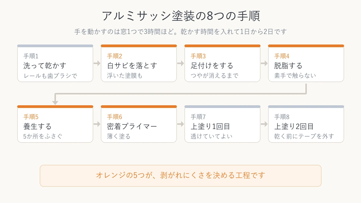 アルミサッシを塗る8つの手順の流れ図