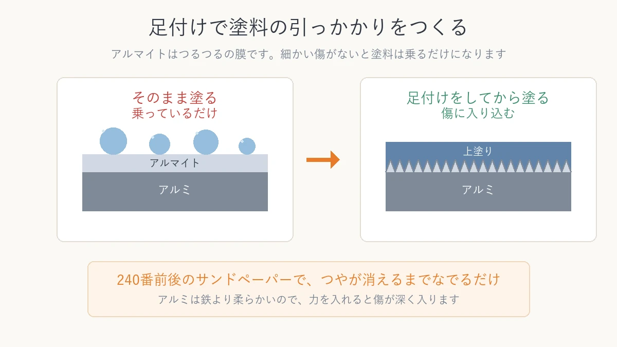 アルマイトの膜に塗料が乗らない状態と、足付けで傷に入り込む状態を比べた断面図