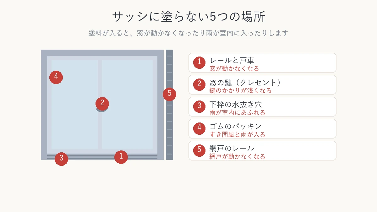 アルミサッシで塗らない5つの場所を窓の図と一覧で示した図