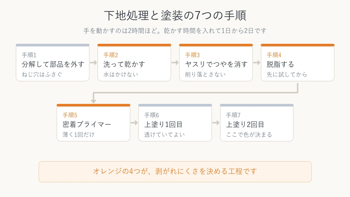 カラーボックスを塗る7つの手順の流れ図