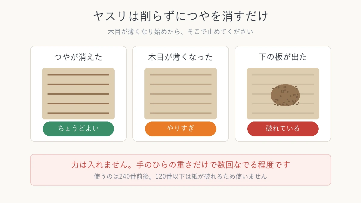 サンドペーパーをかけすぎた状態と、ちょうどよい状態を比べた図