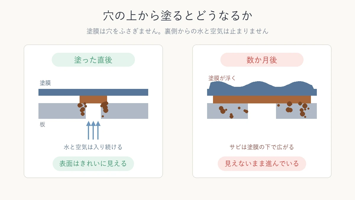 穴の開いた金属に塗ってもサビが塗膜の下で広がることを示した断面図