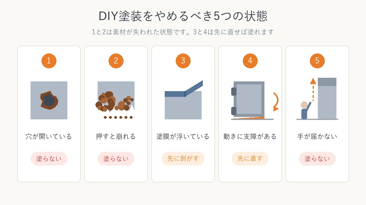 DIY塗装をやめるべき5つの状態を絵で示した一覧図
