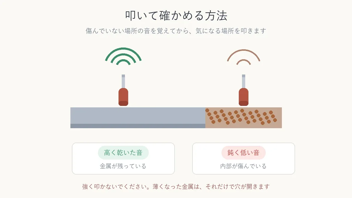 叩いた音の違いで金属の傷み具合を確かめる方法を示した図