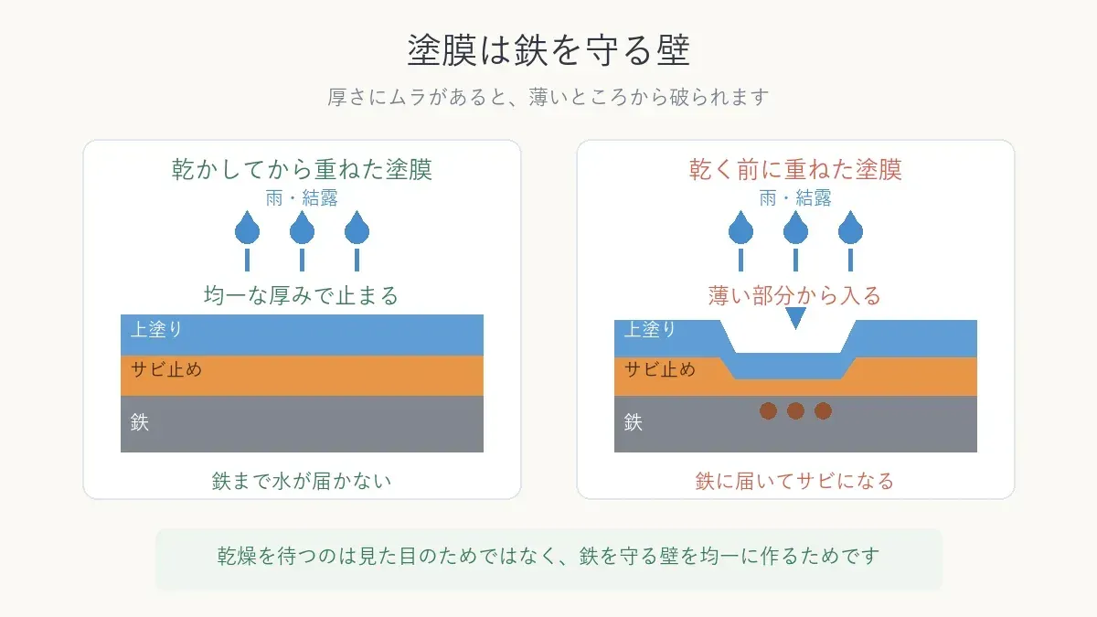 塗膜の断面図 均一な塗膜は水を止めムラのある塗膜は薄い部分から水が入る