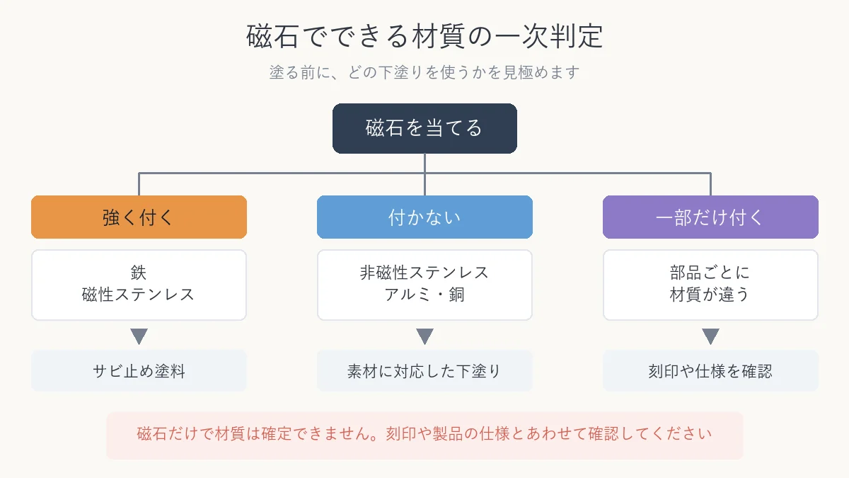 磁石で郵便受けの材質を一次判定するフロー図