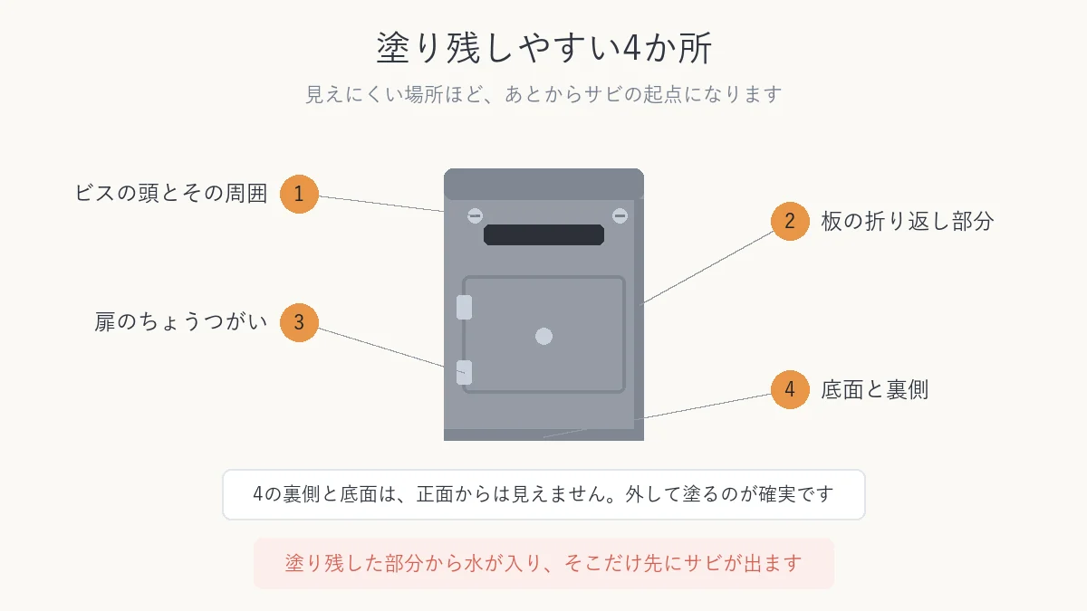 郵便受けで塗り残しやすい4か所を示した図 ビスの頭 板の折り返し ちょうつがい 底面と裏側