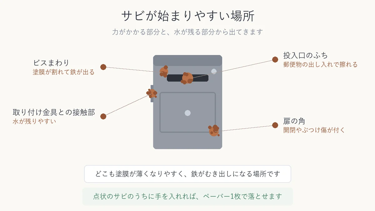 郵便受けでサビが始まりやすい4か所と原因を示した図