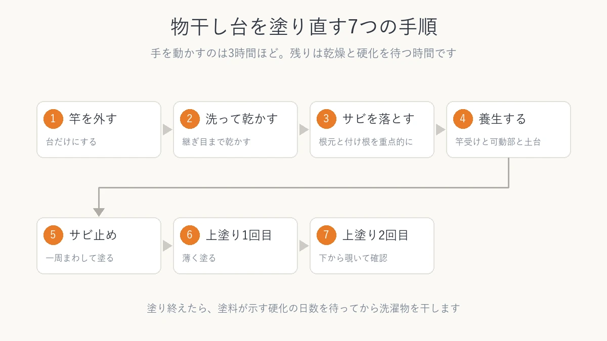物干し台を塗り直す7つの手順を流れで示した図
