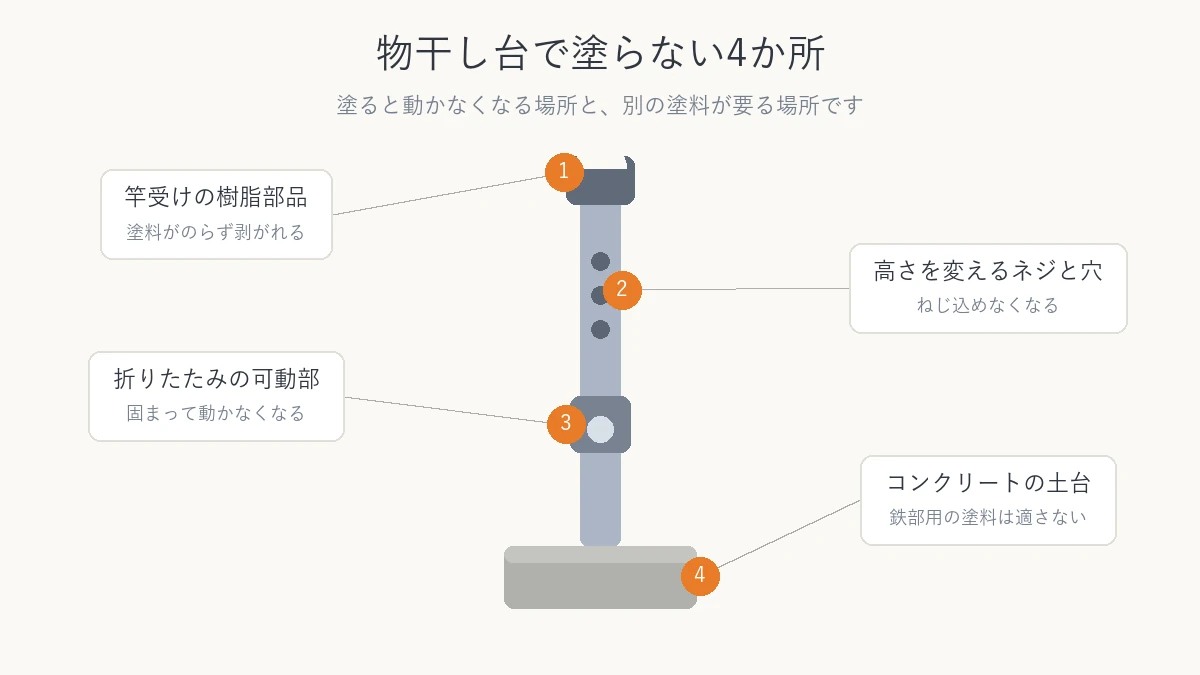 物干し台で塗らない4か所を示した図