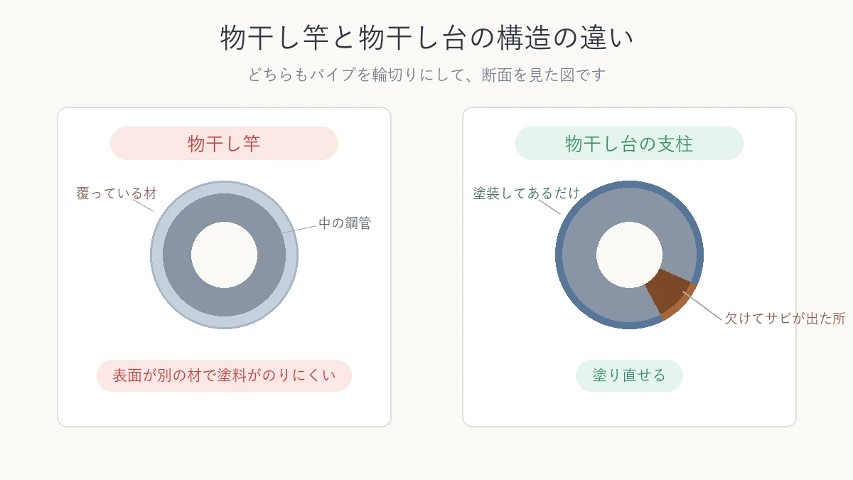 物干し竿と物干し台の支柱の断面を比べた図