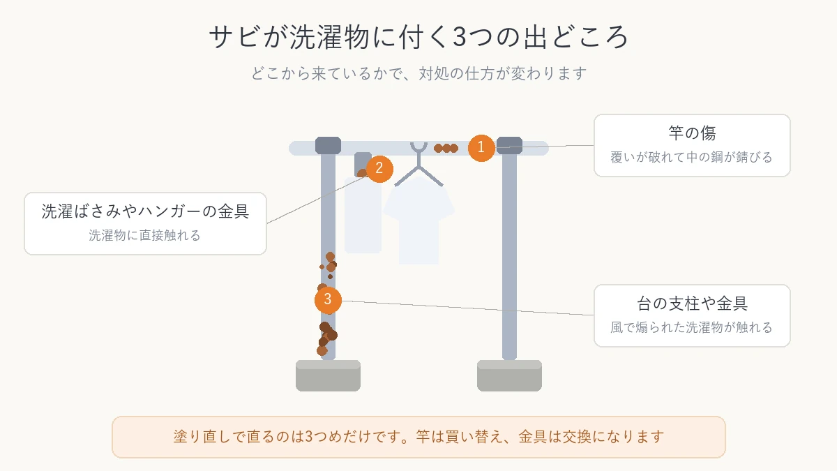 サビが洗濯物に付く3つの出どころを示した図