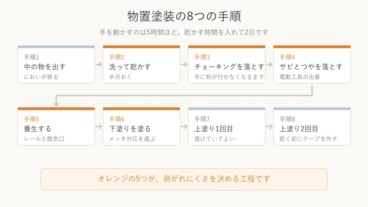 物置を塗る8つの手順の流れ図