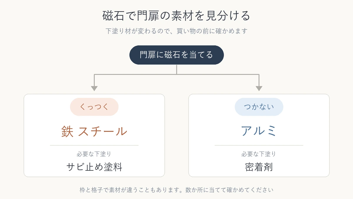 磁石で門扉の素材が鉄かアルミかを見分けるフロー図