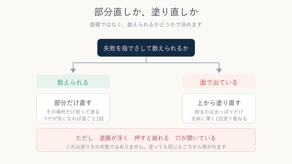 部分だけ直すか上から塗り直すかの分かれ道を示した図