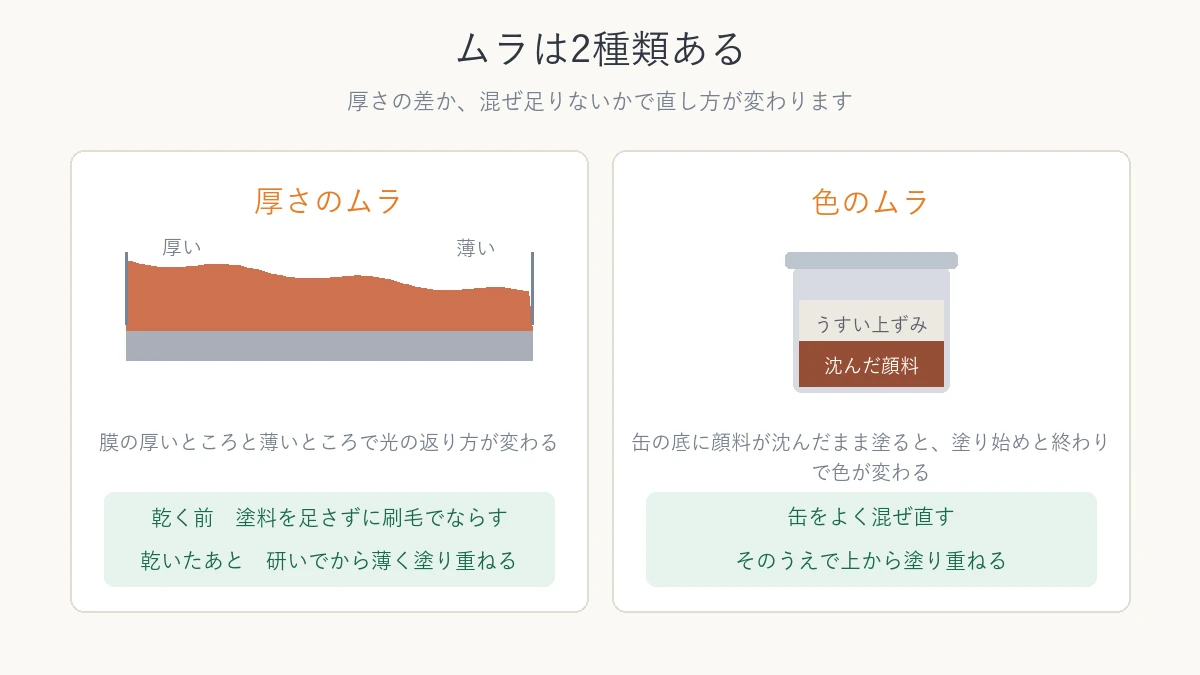厚さのムラと色のムラの違いと、それぞれの直し方を比べた図