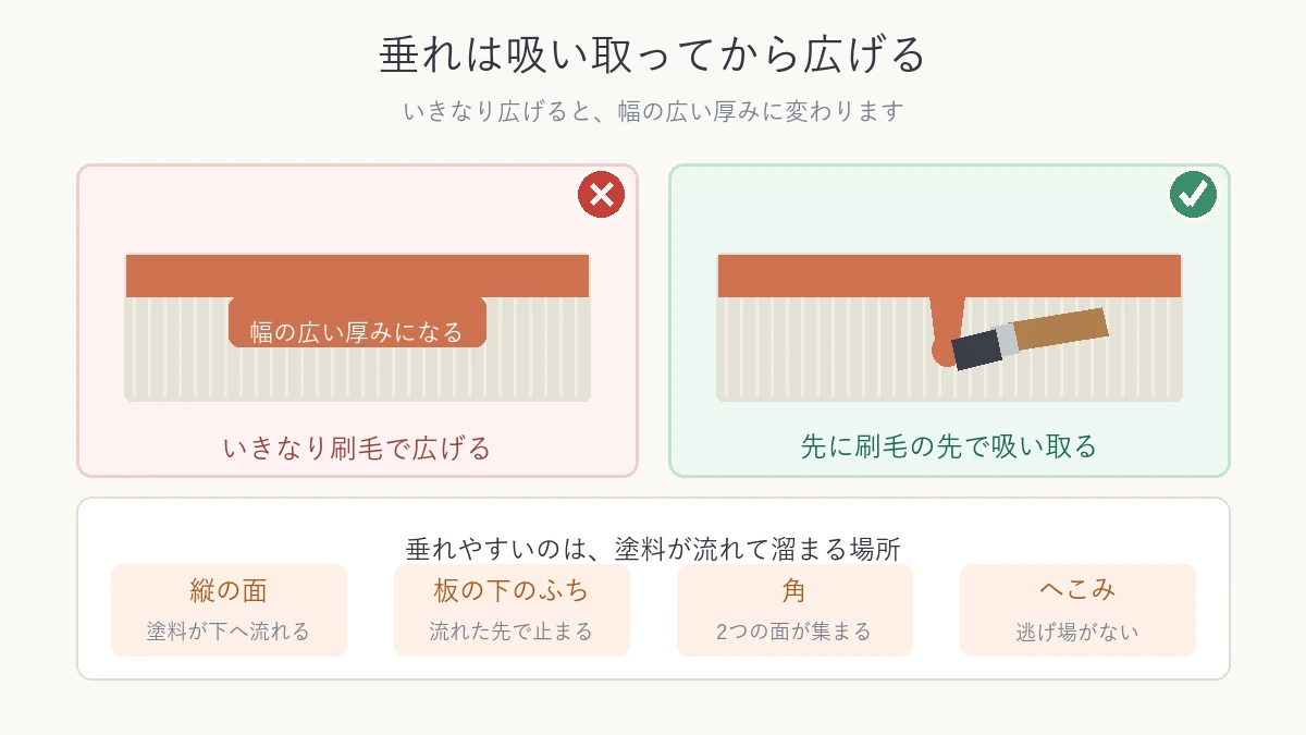 垂れをいきなり広げた場合と先に吸い取った場合を比べ、垂れやすい場所を示した図