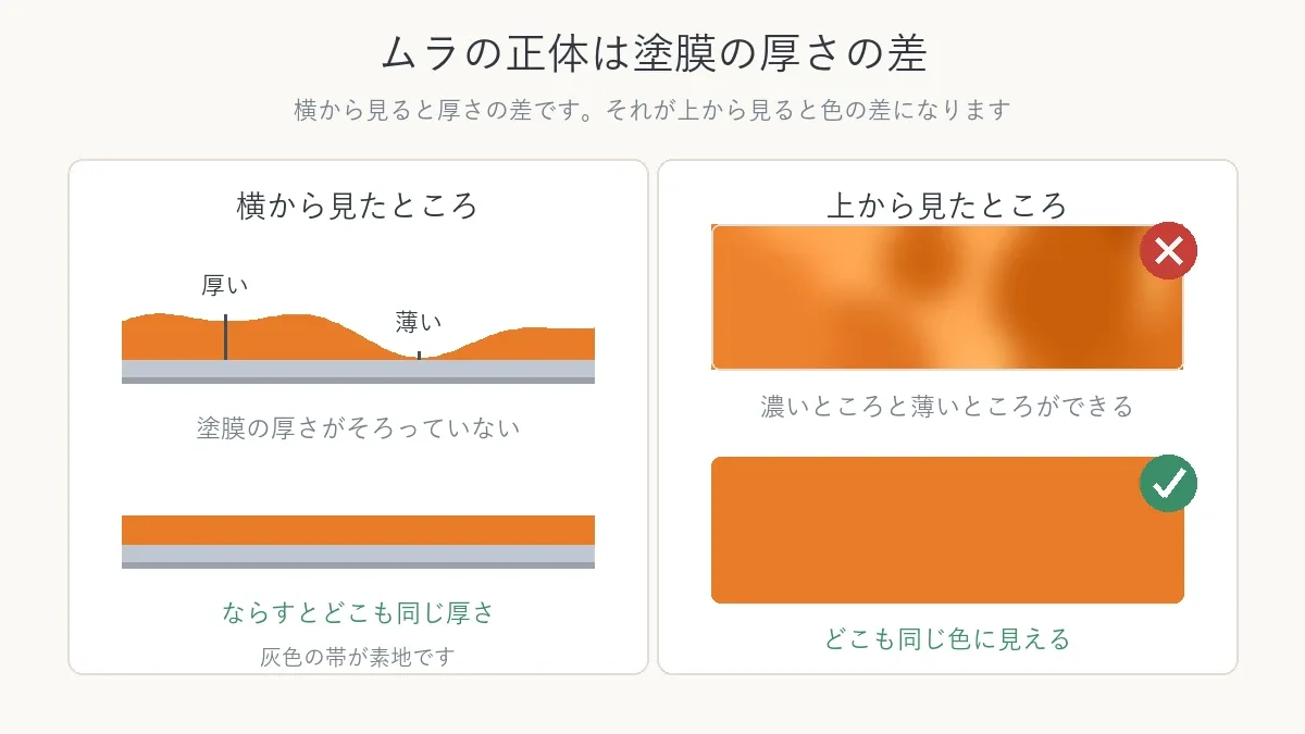 同じ塗料でも塗膜の厚さがそろわないと濃淡ができることを横からと上から比べた図