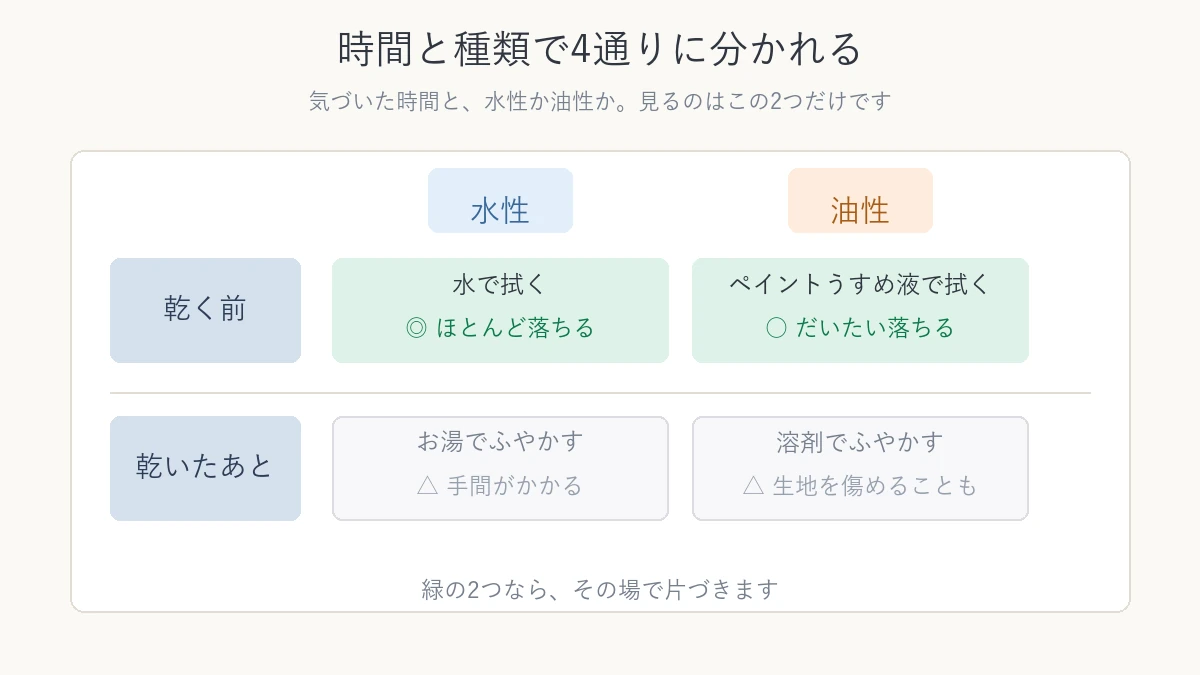 乾く前か乾いたあとか 水性か油性かで落とし方が4通りに分かれる表