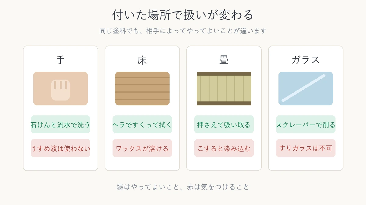 手と床と畳とガラスで ペンキへの対処がどう変わるかを並べた図