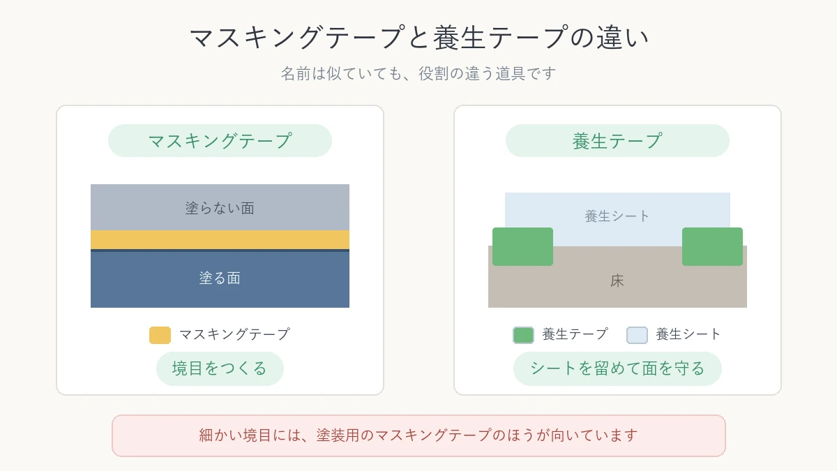 マスキングテープと養生テープの役割の違いを示した図