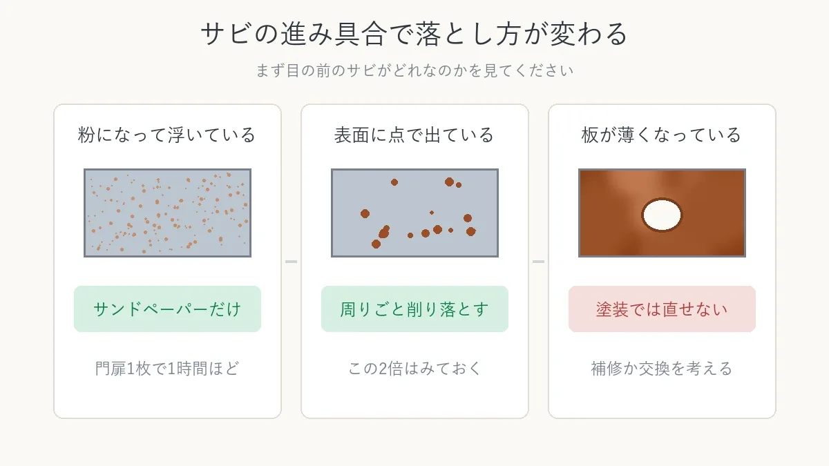 粉と点と穴という3段階のサビと、それぞれの落とし方を並べた図