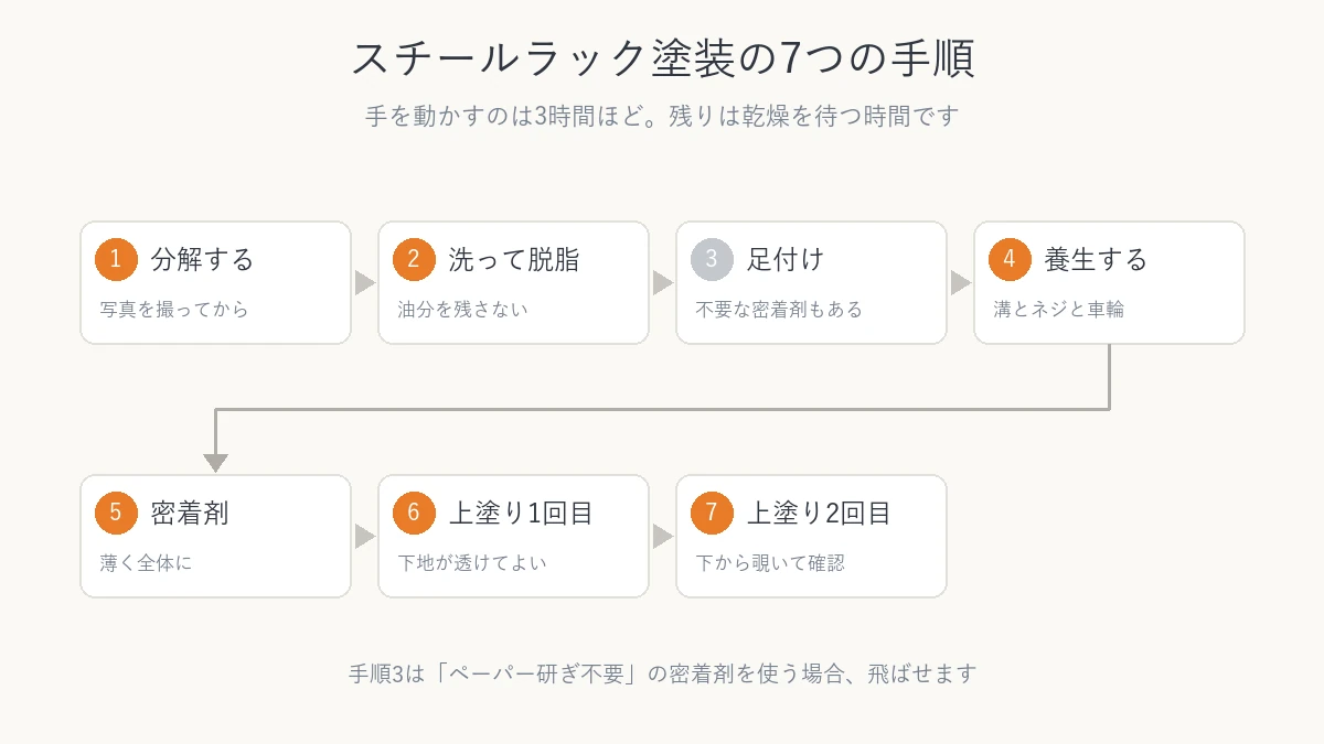 スチールラック塗装の7つの手順を流れで示した図