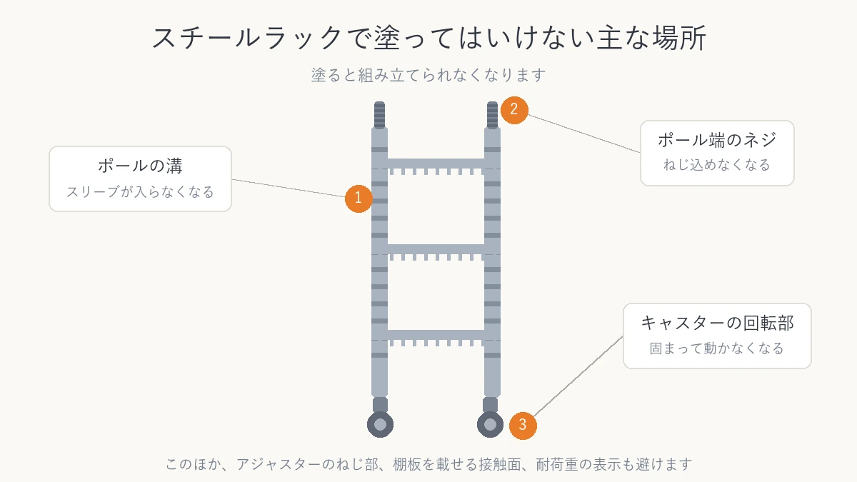 スチールラックで塗ってはいけない3か所を示した図