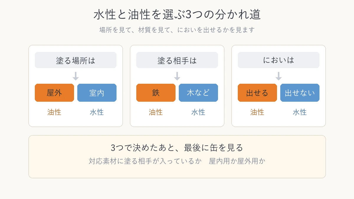塗る場所と塗る相手とにおいの3つで水性か油性かを決める流れ図