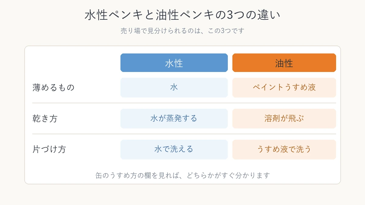 水性と油性で薄めるもの 乾き方 片づけ方がどう違うかを並べた表