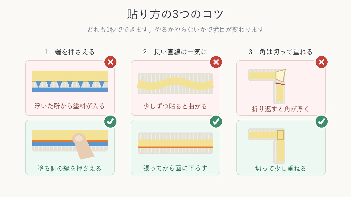 テープの貼り方3つのコツを良い例と悪い例で比べた図